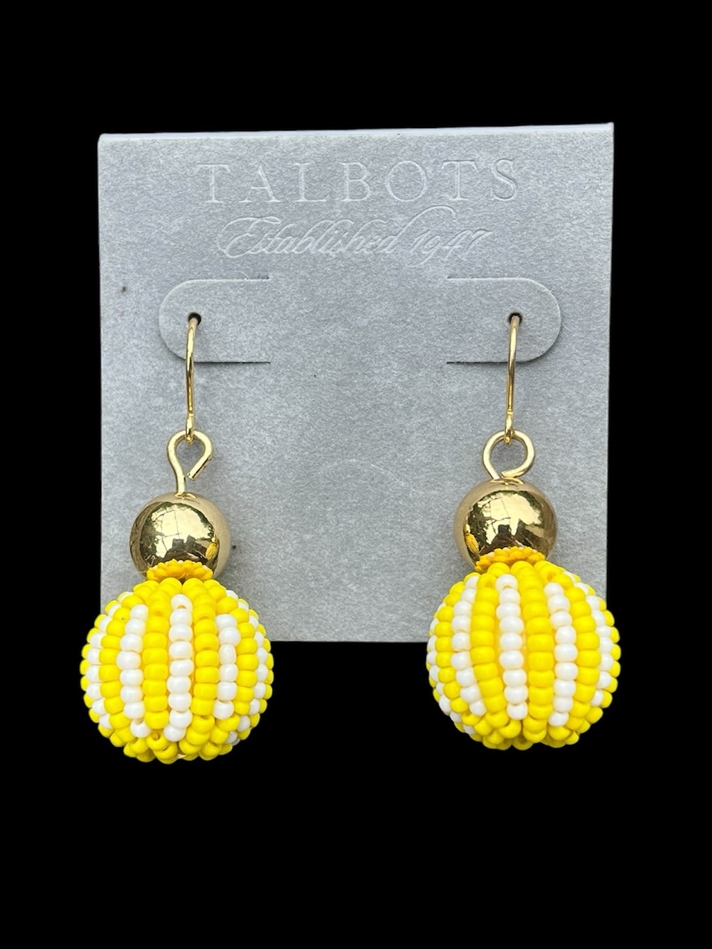 Talbots Yellow White Beaded Ball Drop Earrings Gold Tone Statement Boho